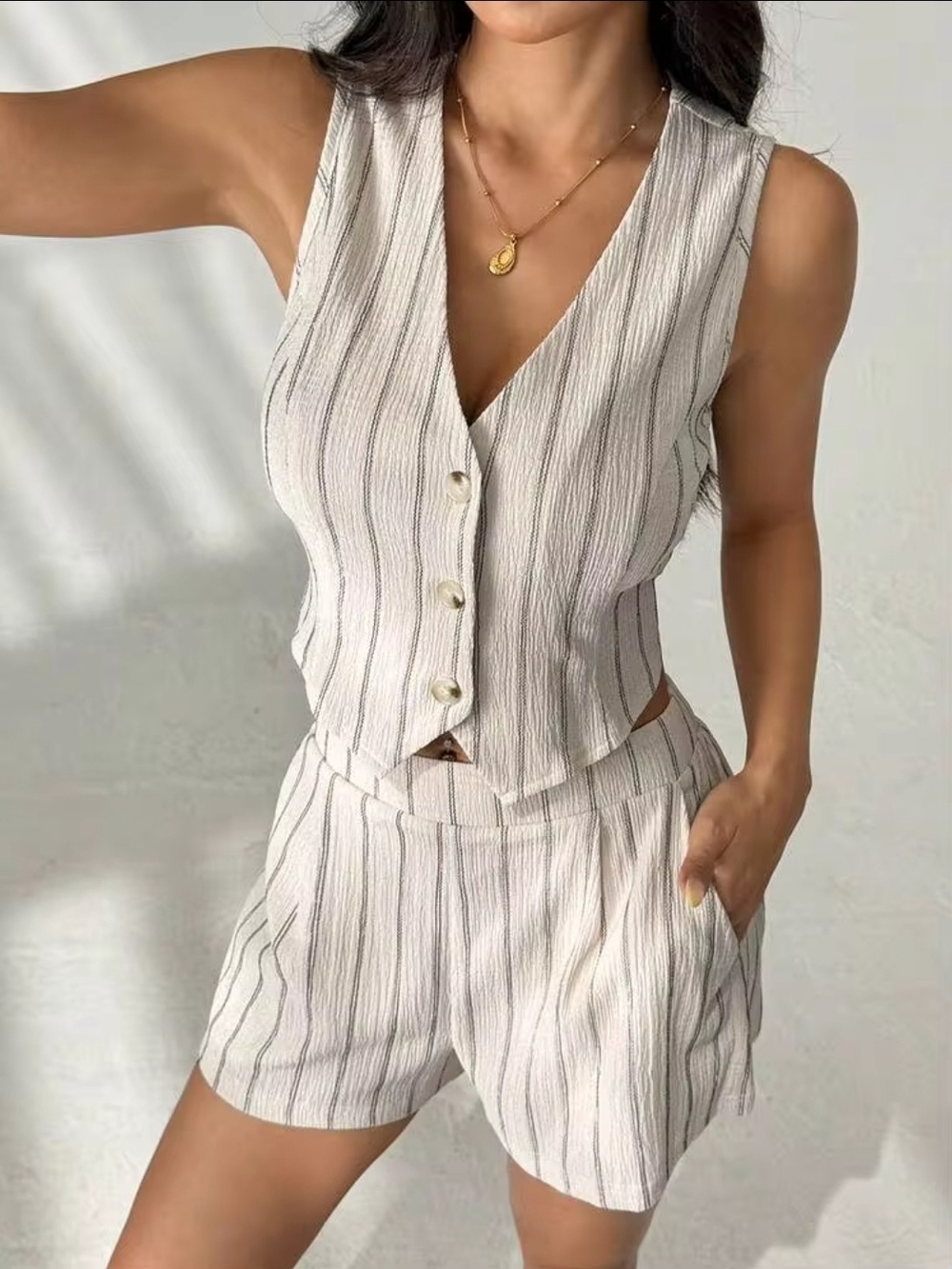 SHEIN Cream Striped Button Front Vest & Shorts Set